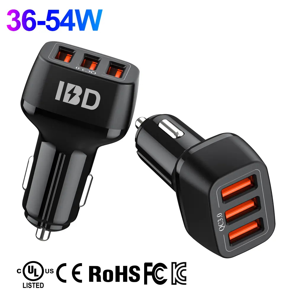 IBD Factory OEM ODM logo mobile cell phone 3 port usb Qc 3.0 7a 7.2a 36W 7.8a 42W 9A 54W 65w multi ports Car Charger For phone