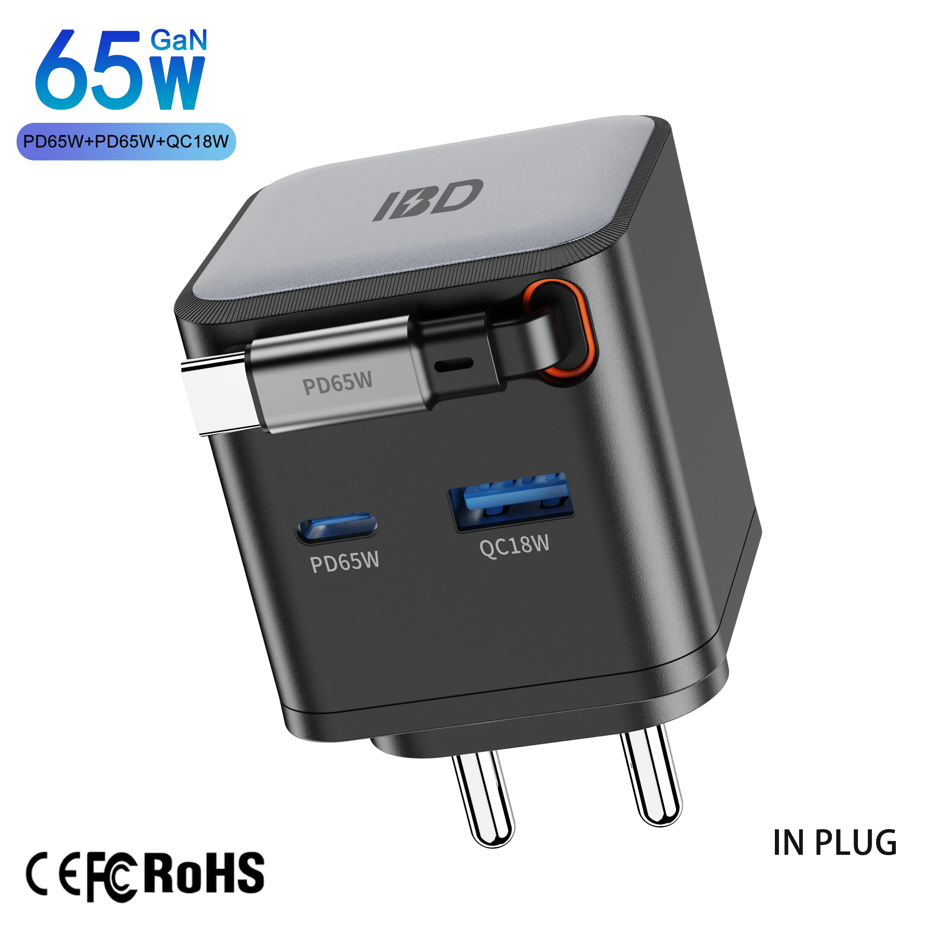 IBD Gan PD 65W 35W Retractable Cable Fast Charger OEM ODM US EU AU UK Plug type c usb wall charger for iphone 15 phone laptop