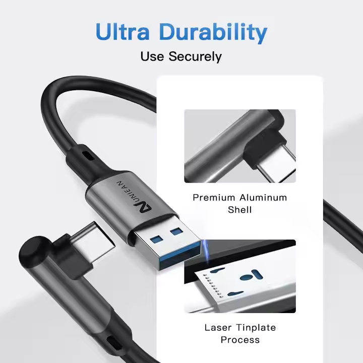 UNIEAN Wholesale 3M 10M 5Gbps Usb A to C 90°VR Cable 100W Type C Usb Fast Charging Cable Data Cables FOR VR Headset
