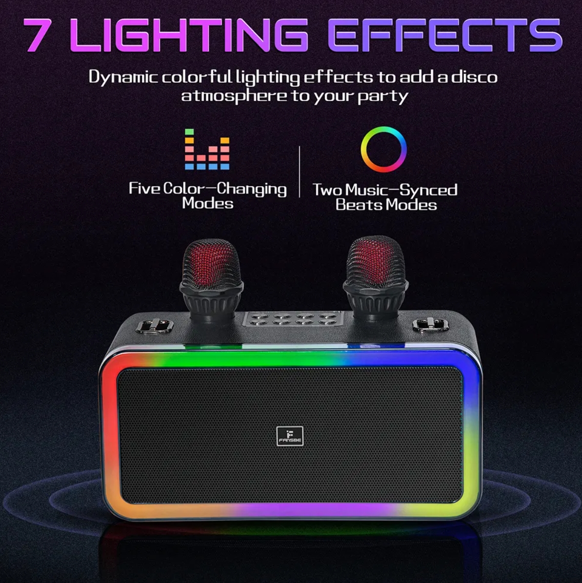 FANSBE Karaoke Machine 30W High Power DJ RGB Hifi Outdoor Portable Karaoke Speaker With 2 Wireless Mic And Bluetooth