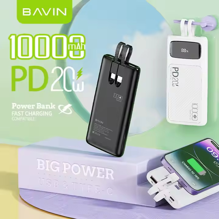 BAVIN 10000MAH 20W PD Fast Charging PD Portable Outdoor Travel USB Type c Cell Mobile Phone Power Bank PC008S
