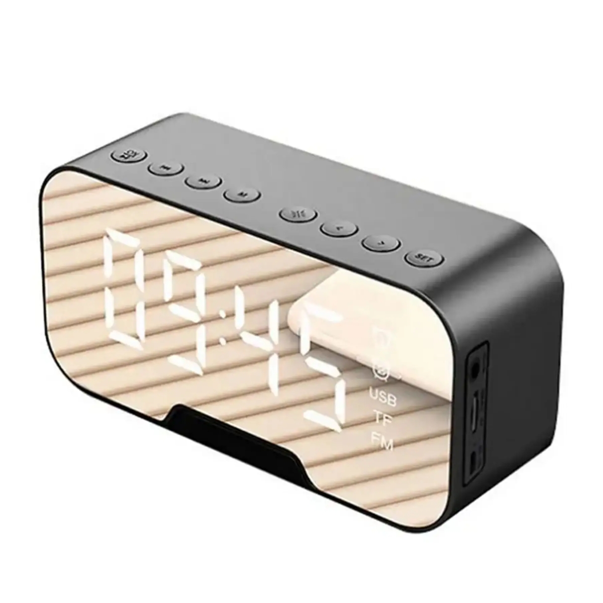 FANSBE Mirror Wireless Charger Bluetooths Speaker Digital FM Alarm Wall Clock Speaker With LED Screen Display