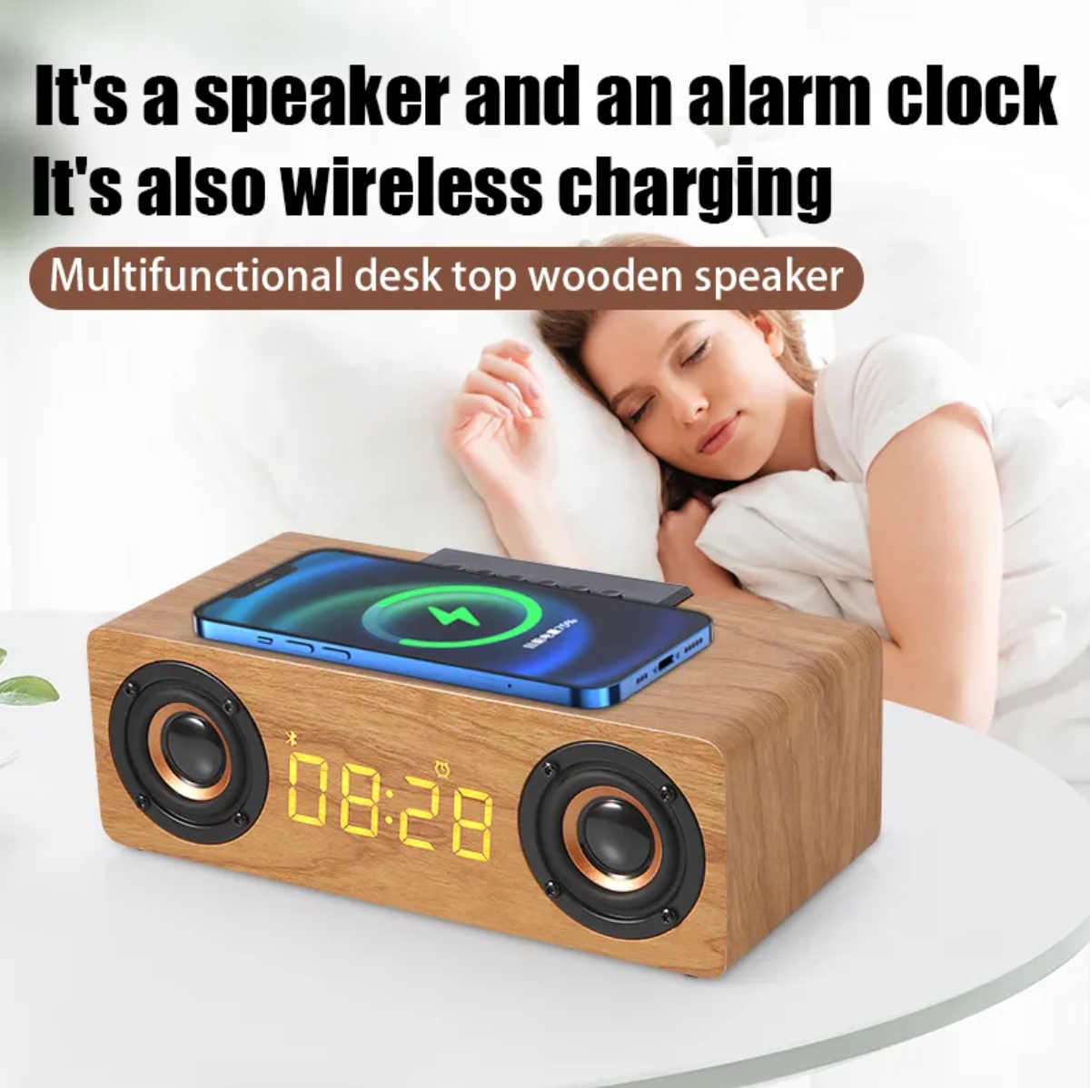 FANSBE Multifunction Desk Bluetooth Speaker Wooden Alarm Clock 10W 3 In 1 Wireless Charger With Speaker