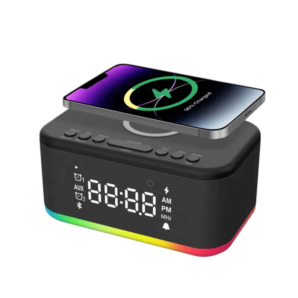 FANSBE 10W Home Bedside Hotel RGB Light Alarm Clock Bluetooth Speaker 3 In 1 Wireless Charger