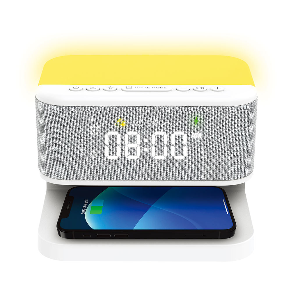 FANSBE Hotel Bedrooms Wireless Charger Bluetooth Speaker Sunrise Lights White Noise Digital Table Alarm Clock With Backlight