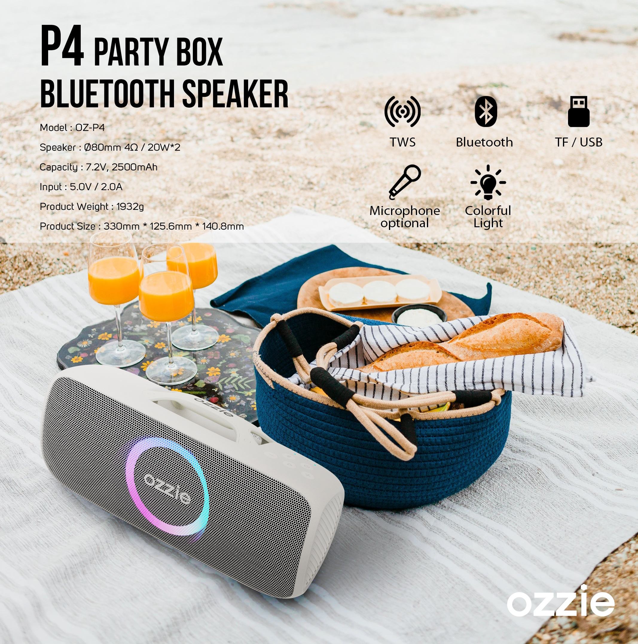OZZIE P4 USBTFAUX Wireless Speakers Strong Bass Portable Home Theater Subwoofer Party Stereo Bluetooth Speaker Outdoor