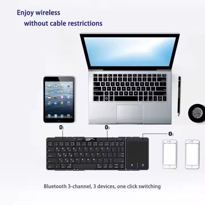 Wireless Foldable Slim portable mini Triple Folding Foldable Mini Bluetooth Keyboard Touchpad Folding Bluetooth Keyboard