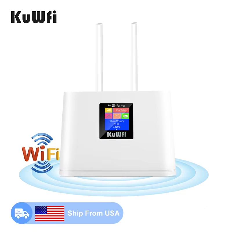 Oversea Stock KuWFi usa wifi sim modem router 2.4G 150Mbps built in antenna home indoor 4g wireless router with LCD display