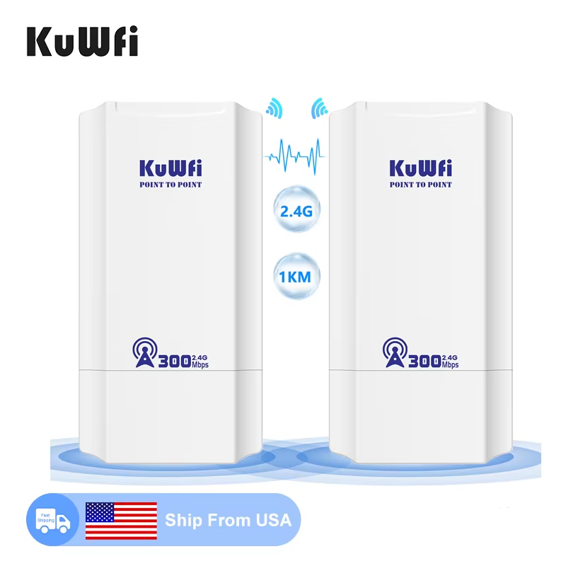 USA Stock KuWFi Outdoor Wireless Bridge 24V POE Power 1KM PTP with 300M 2.4G Waterproof WiFi Bridge for or Farms or Camera