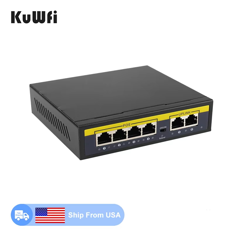 Oversea Stock KuWFi metal shell high speed 48V POE network 6port pocket 100Mbps poe switches with 2 uplink port