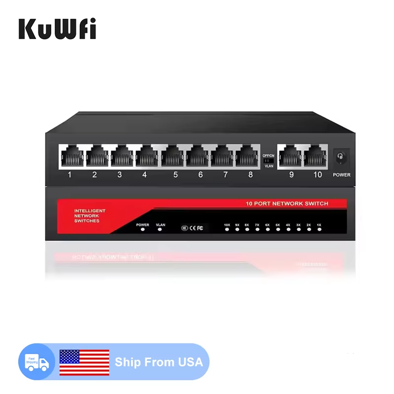Oversea Stock KuWFi unmanaged wifi distance 10port mini 1000Mbps ethernet network switches for cctv camera