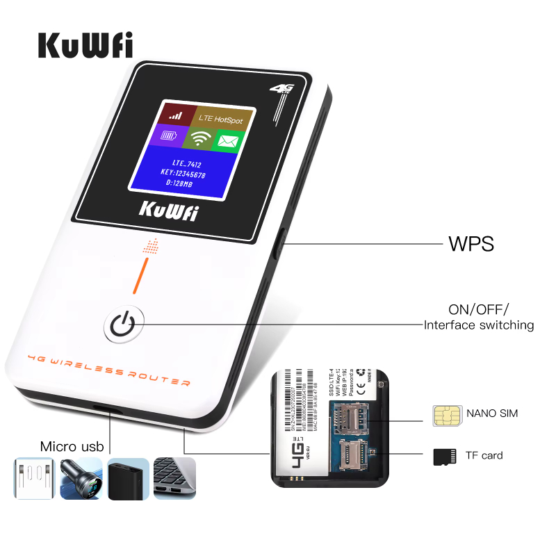 Logo KuWFi router 4g con tarjeta sim 150Mbps 2100mAh battery Mobiler 4G LTE Hotspot Router for outdoor use