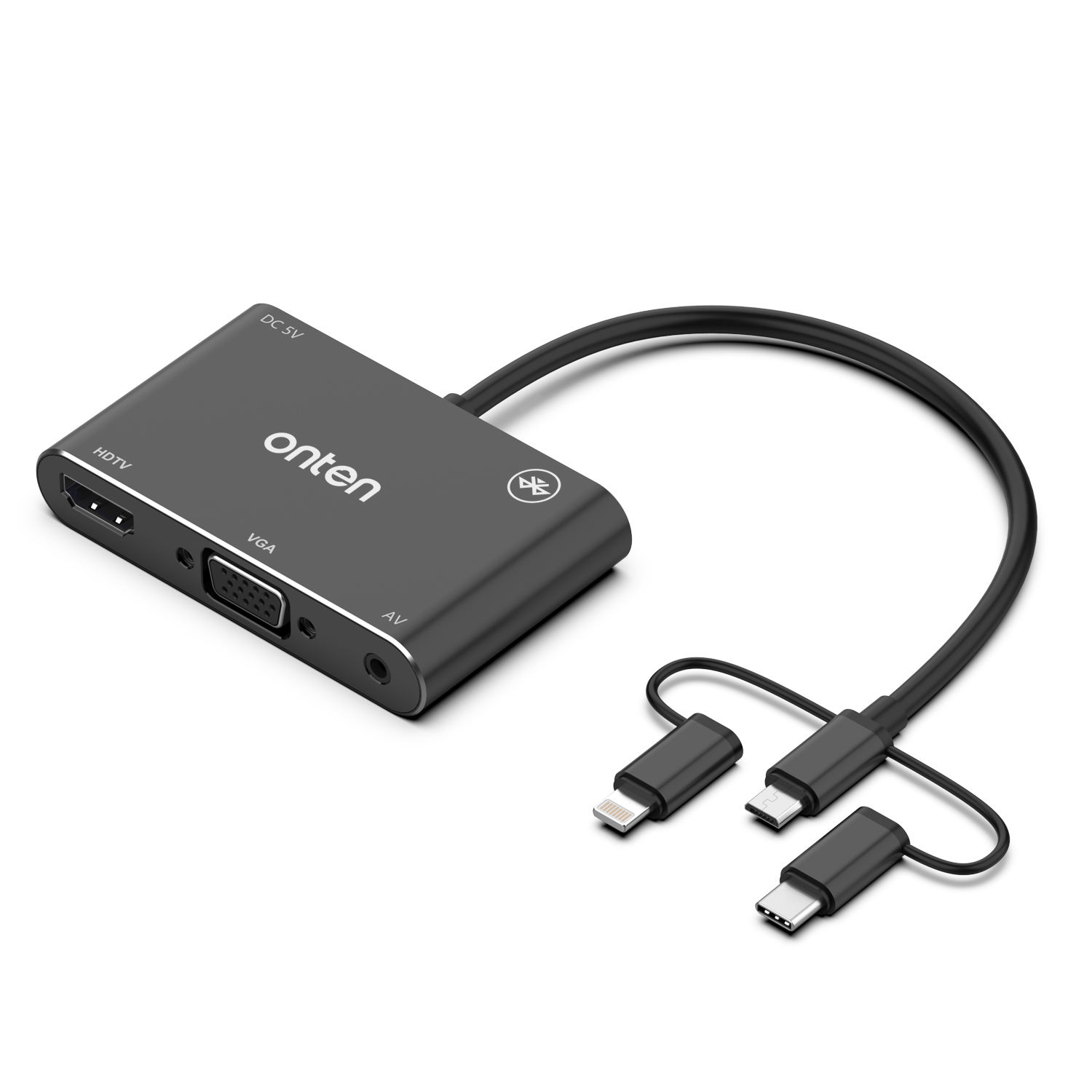 3 port Type-C/Lightning/Micro USB to HDTV + VGA + AV + bluetooth Audio + PD adapter