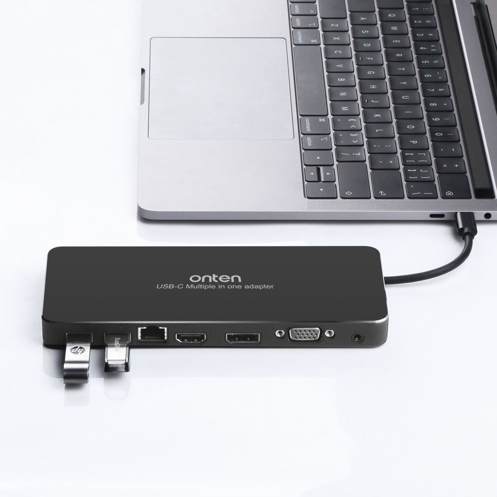 Aluminum USB C Hub 9 In 1 with HD RJ45 Adapter for Laptops Type C 9-Port USB Multi-Port Docking Station OTN-9188S
