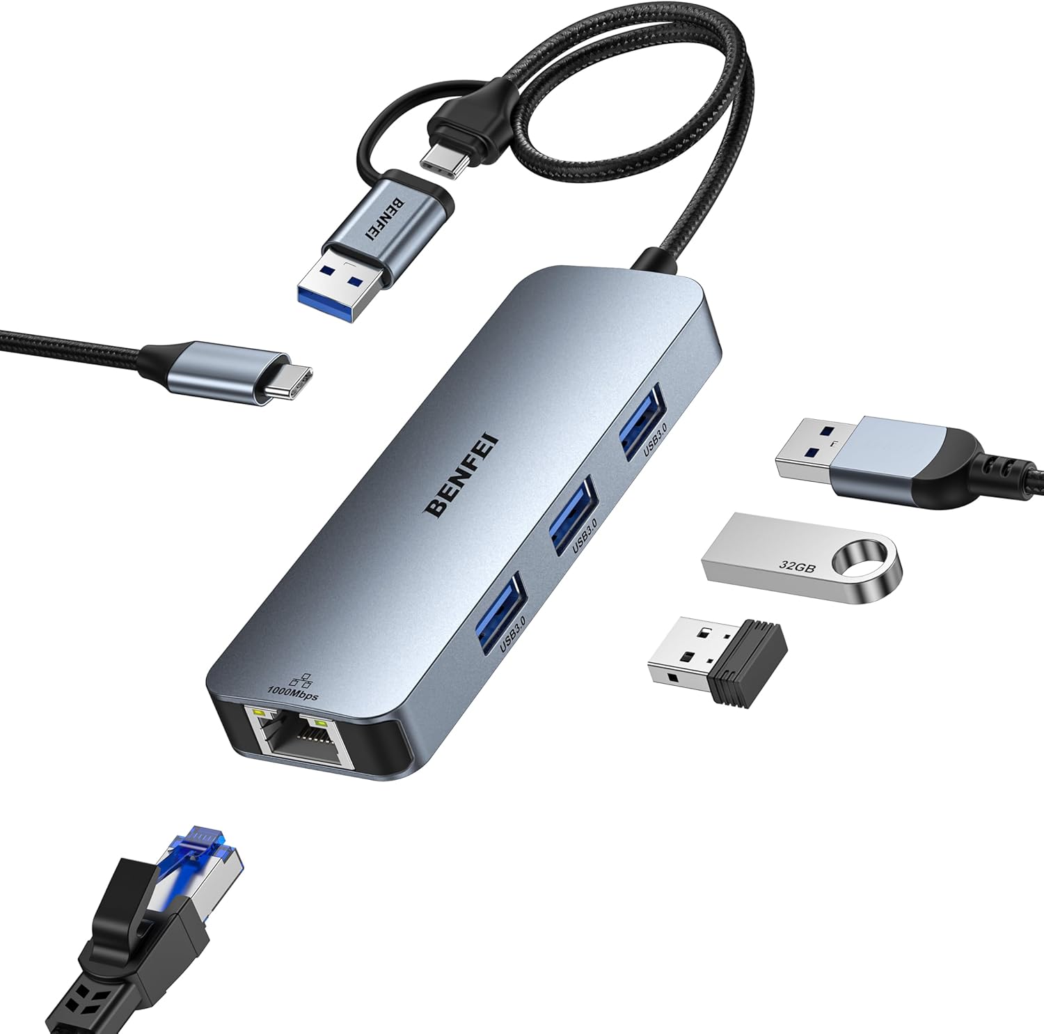 BENFEI 5-IN-1 USB-A/USB-C MULTI-PORT HUB 1000Mbps Ethernet USB3.0x3