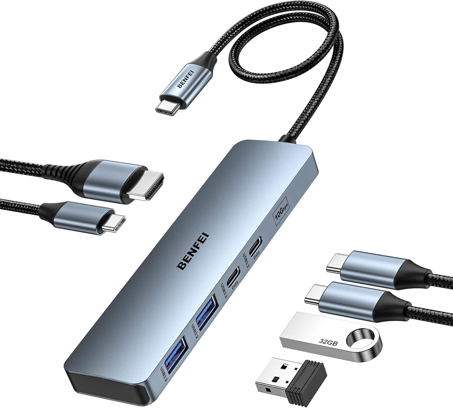 BENFEI 6 IN 1 USB-A/USB-C MULTI-PORT HUB 4K 60Hz HDMI PD 100W 1000Mbps Ethernet USB3.0x3