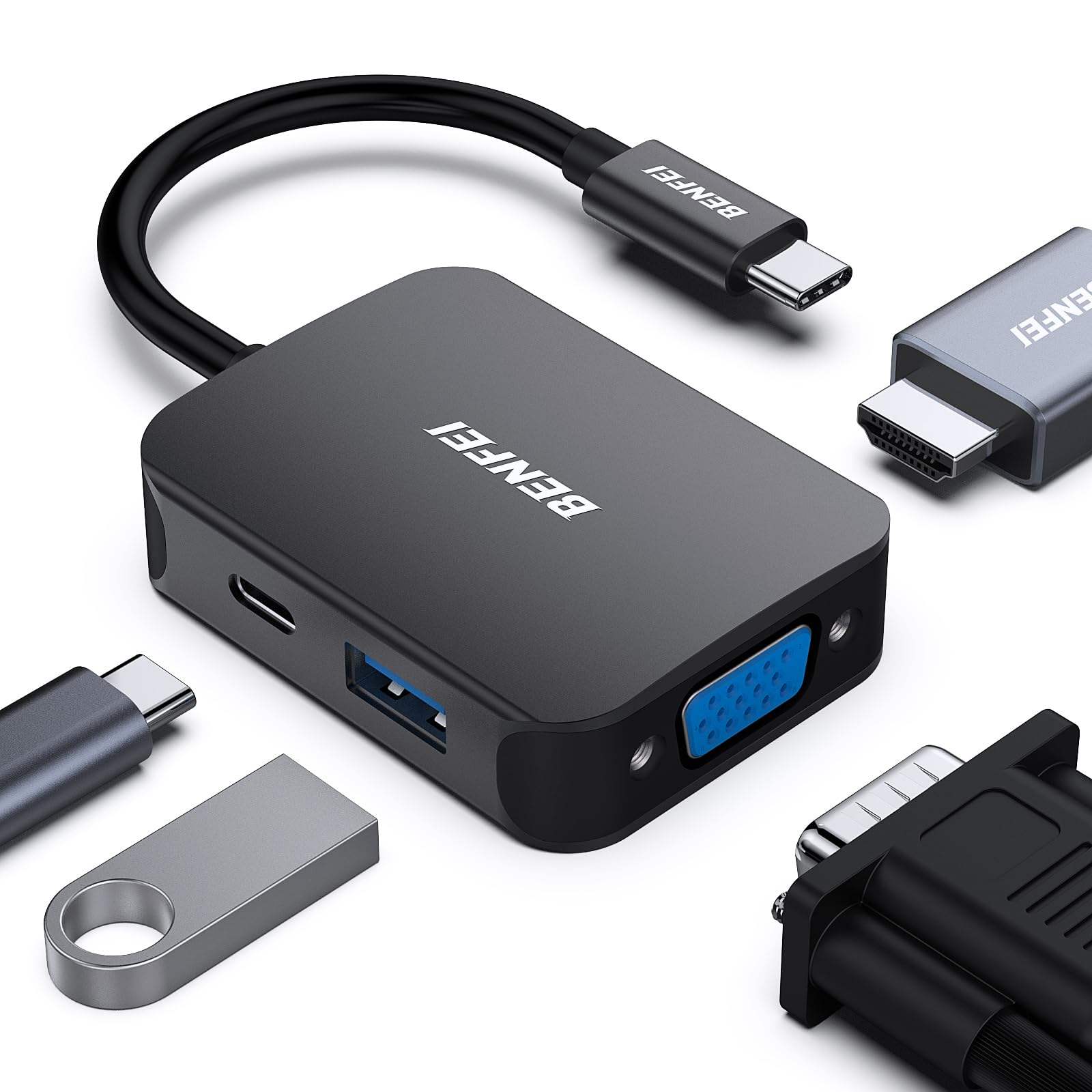 BENFEI USB C HUB 4 in1 Multiport Adapter with USB C to HDMI VGA USB 3.0 and 60W Power Delivery