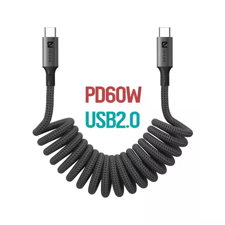 Retractable Design Nylon Braided Spiral Type C 3A Curly USB C Coiled Cable with Power Delivery 60W Fast Charging