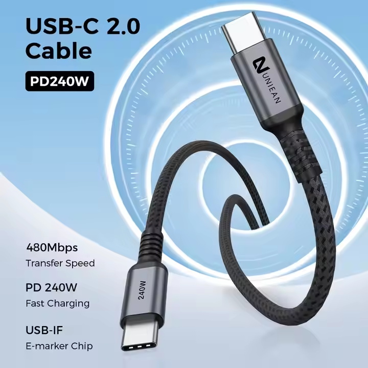 2024 High Performance USB2.0 480Mbps Data Transfer Nylon Braided USB-C Cable 48V 5A PD240W USB Type C Fast Charging Cable