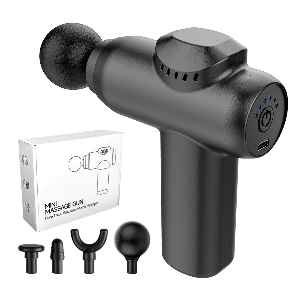 Phenitech Button Gun Massager 4 heads Percussion Deep Tissues Muscle Relaxation With 6 Speed Levels Travel Massage Gun