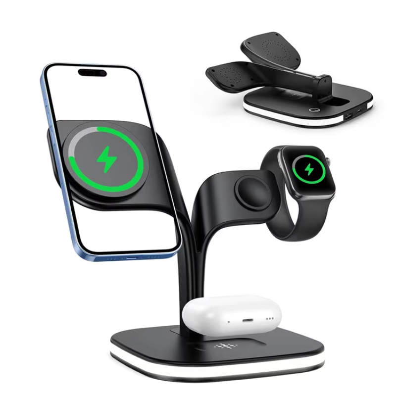 Magnetic Charging Station Mag 5 In 1 Wireless Safe Charger Stand For iPhone 15 14 13 12 Pro Max_iWatch_Airpods With Night Lamp