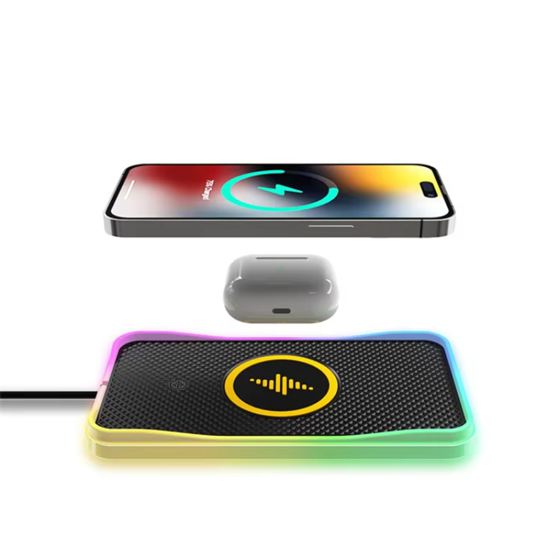 2023  Design 15W Fast Charging Car Wireless Charger Mat RGB 7 lights Non-Slip Pad For iPhone Samsung Xiaomi HUAWEI LG Phone