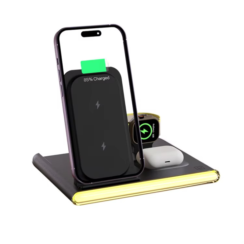 4 In 1 Wirelesscharger Phone Stand Holder With LED Light Mobile Phone 5W 7.5W 15W Wireless Charger For iPhone 15 14 13 12 Pro