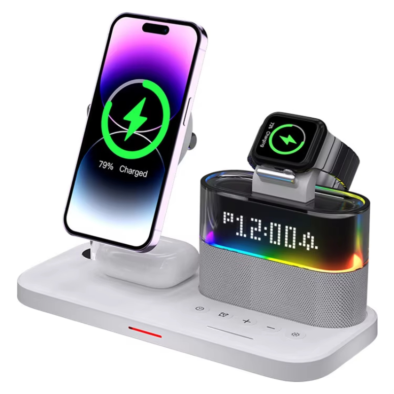 2024 New Gadget Launched 5 In 1 Magnetic Wireless Charger Stand With Digital Alarm Clock Phone Earphone Watch Charging Station