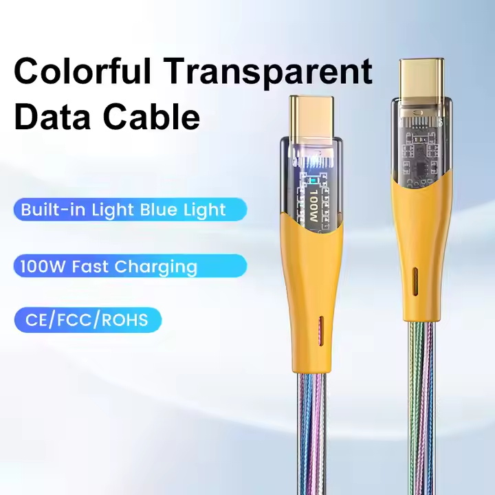 ULT-unite New Transparent Colorful USB C Cable PD100W 5A Fast Charging Data Cable 1 Meter Type C Phone Charger Cable