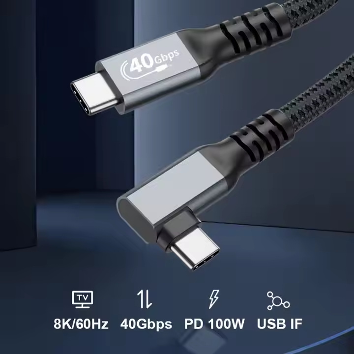 ULT-unite USB4 Cable 40Gbps 8K 60HZ 2 Meter Type C Cable PD 100W 90 Degree Elbow Cell Phone USB C Data Cable 5A Fast Charging