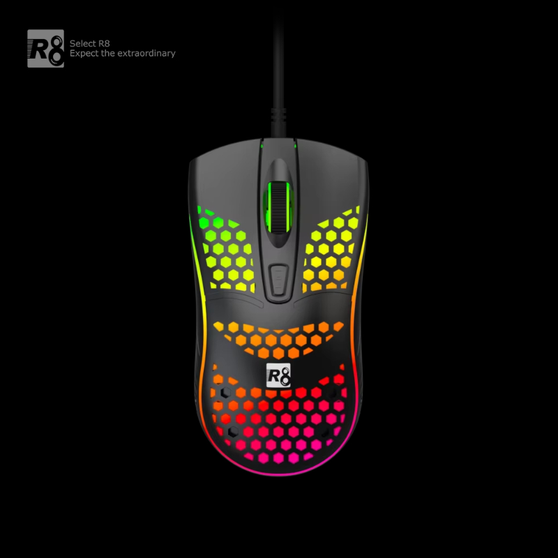 R8 Honeycomb Shell Wired 1200DPI Gaming Mouse 4D RGB Optical Mouse With LED Light