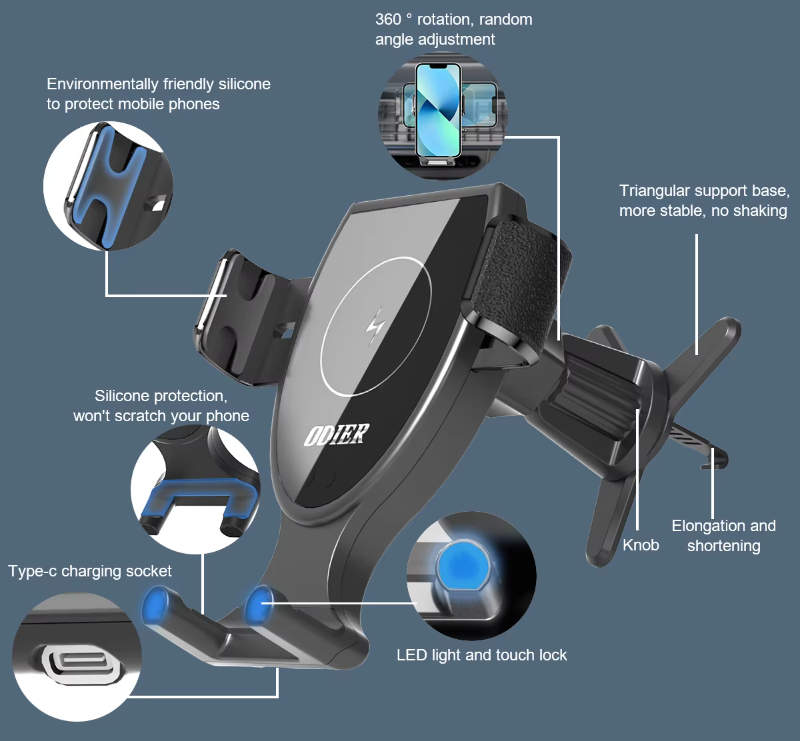 ODIER High Quality 360 Rotatable Car Cell Phone Mount Adjustable One-key Release Wireless Charger Mobile Car Phone Holder