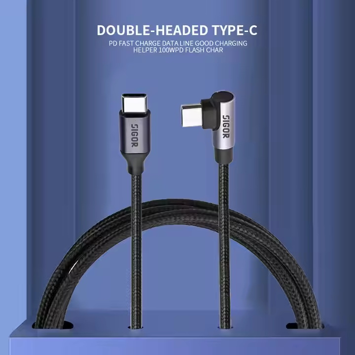 Sigor 90 Degree USB Cable Type-C to Type-C Elbow Braided Cable Aluminum Shell 100W Fast Charge C Type Data Cable