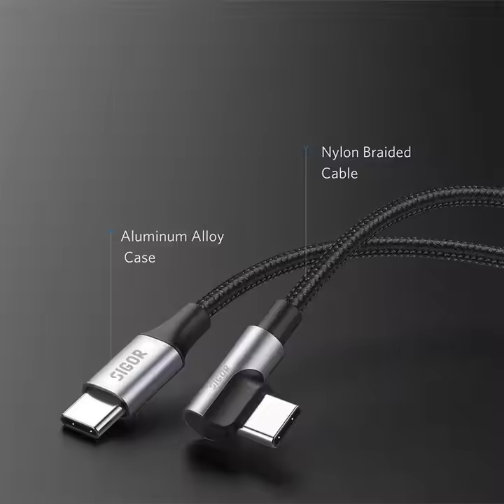 Sigor Custom 90 degree usb cable Type-C Elbow Data Cables Nylon Braided 100W Fast Charging c to c type cable