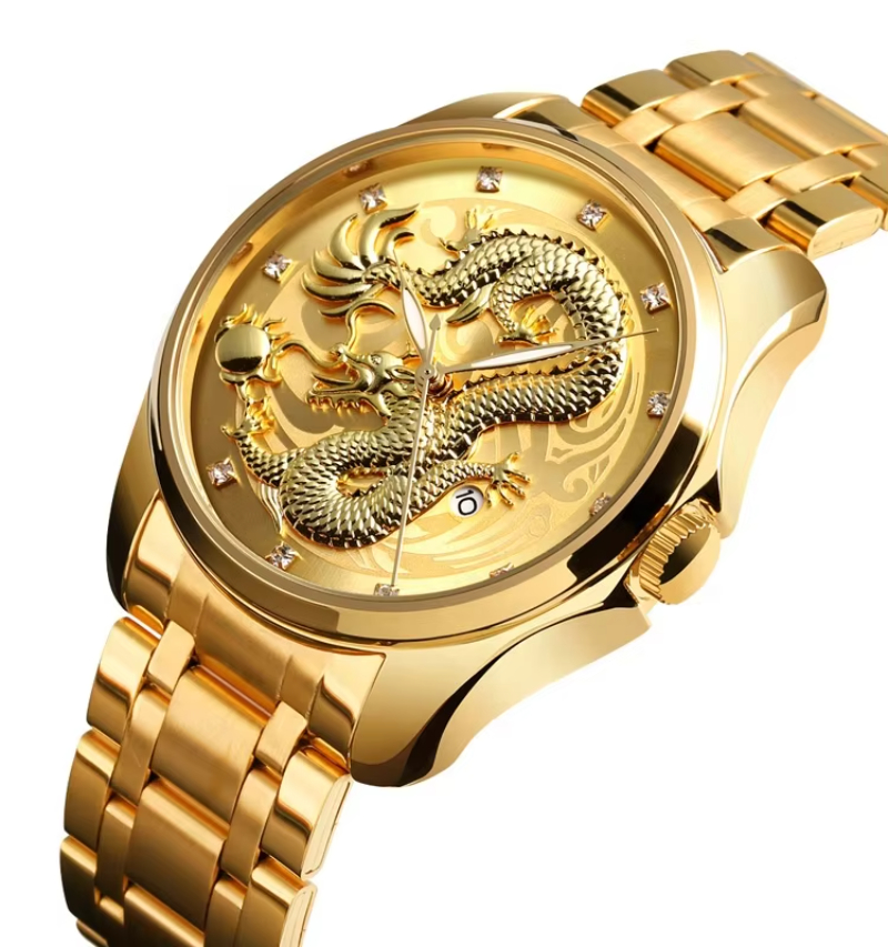 Relojes New SKMEI 9193 High Quality Stainless Steel Gold Silver Dragon Wrist Quartz Watch Men Male Gold Luxury Business Watch