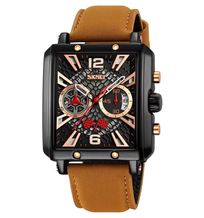 SKMEI 9340 Men Hand Stopwatch Leather Quartz Stainless Steel Back Watch