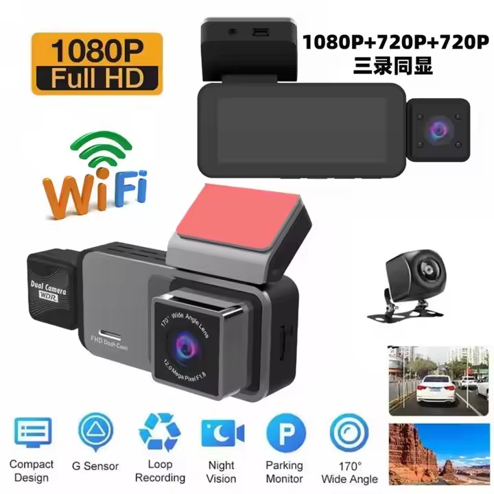3 Channel WIFI touch screen Dash Cam 1080P Front And Rear Inside Triple Car Video Recorder 3 lens Car DVR Camera Night Vision