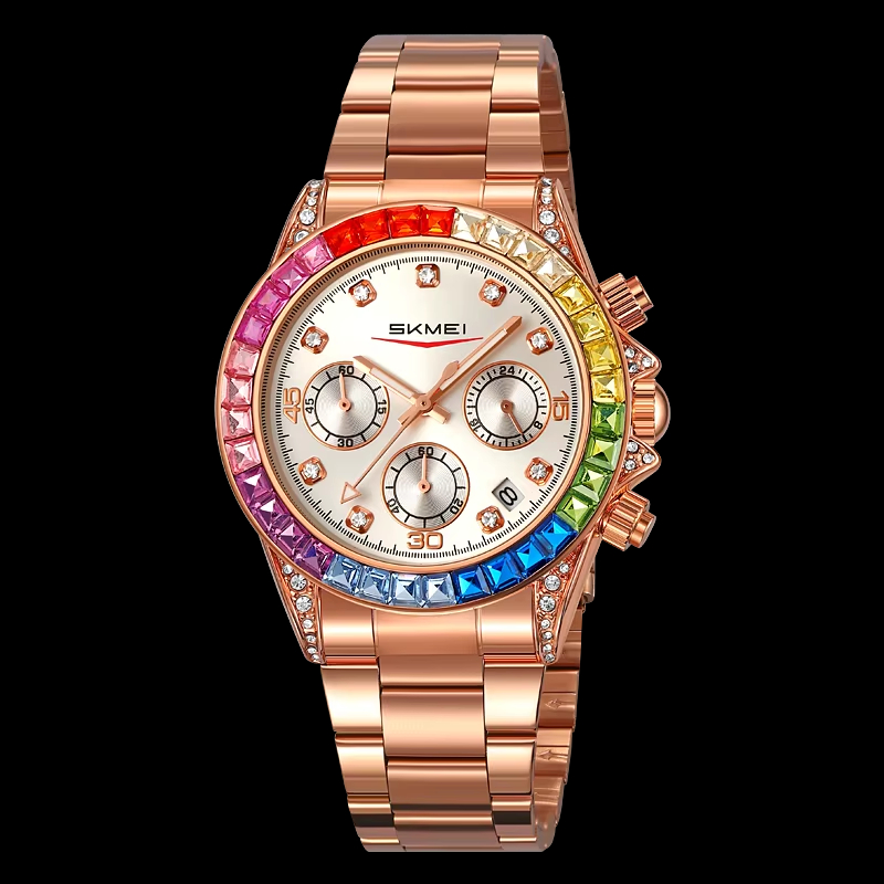 SKMEI 2352 High Quality Quartz Chrono Diamond Wristwatch Fashion Luxury Watch Stainless Steel Strap