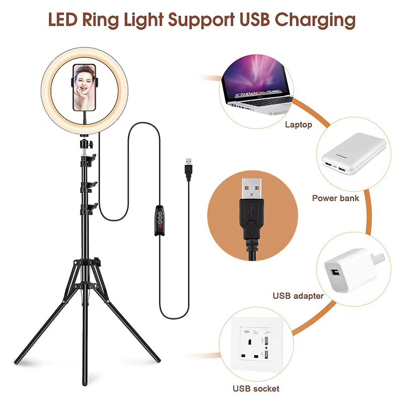 Tianmei Hot Sale 10 inch 5V 26cm Dimmable Selfie Makeup Video LED Ring Fill Light Lamp with Tripod Stand