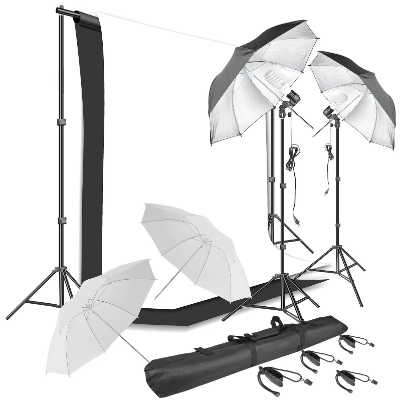 Photog Studio Lighting Set White Gold Siver Umbrella and 6.6_10 Ft Background Stand System with Black White Green Backdrops