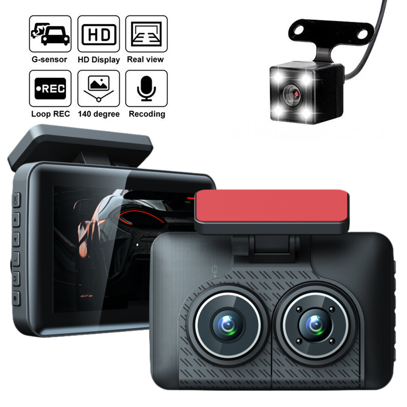 HD 1080P Infrared Night Vision Three Channel Car Black Box Dash Cam Dual Lenses Front and Rear Cam