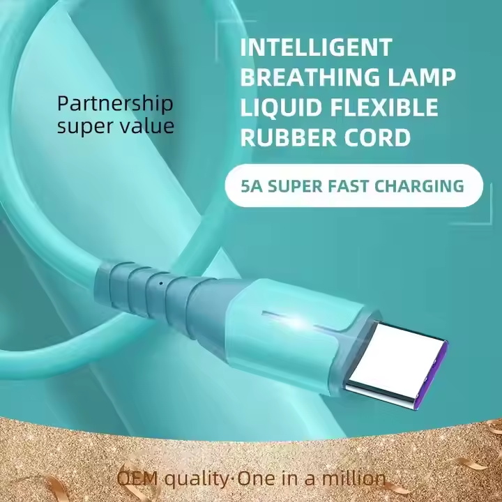 5A LED Silicone Usb Data Cable Usb Type c V8 Micro Usb 8Pin Fast Charger Cable For iPhone Samsung Huawei Led Charging Cable