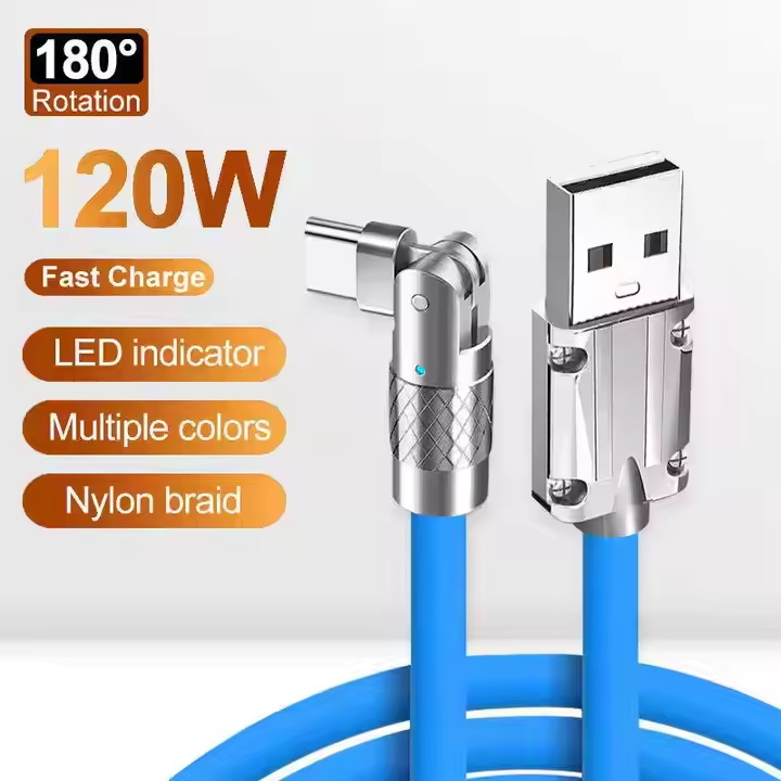 120w 6A Super Fast Charging Cable Usb To Type C Quick Charge Zinc Alloy Silicone Data Cable 180 Degree Rotatable Cord For Iphone