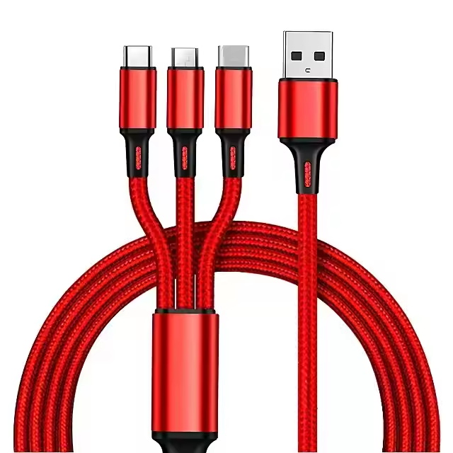 Universal 1.2M fast charging usb c cable colorful Nylon braided 3 in 1 type c Data charger cable for iPhone android all mobiles