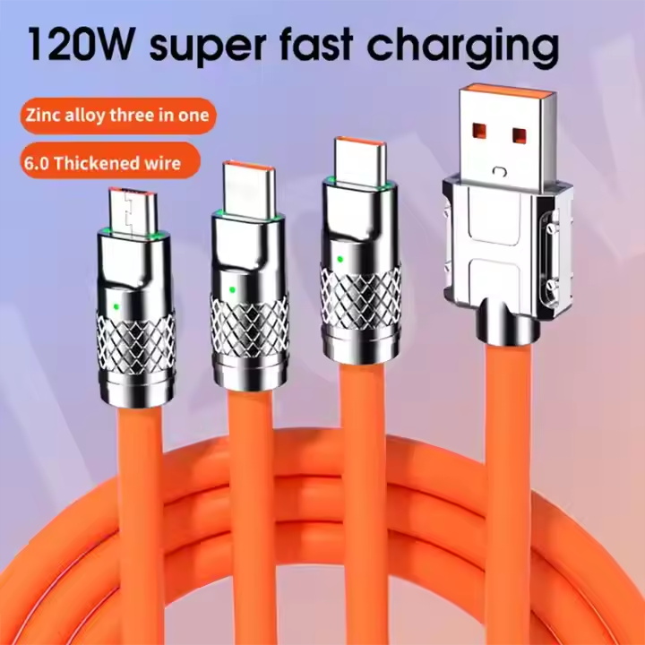 120W Multi Fast Charging Cable 3-IN-1 USB C Charger Cord High Speed Data Cable for iPhone Samsung Xiaomi Huawei