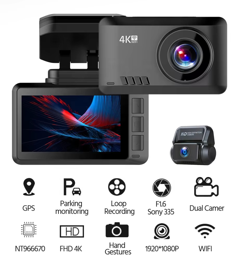 4K car Dash Camera DVR Video Recorder with 2.45'' HD IPS Screen Gesture Photo Wifi GPS