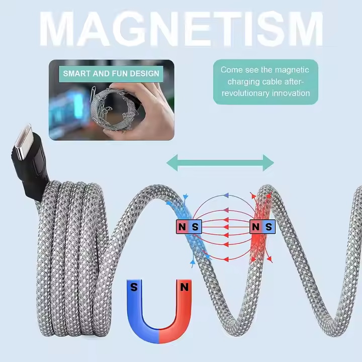 Custom Data Cable Magnetic Self Winding Absorption Magnetic Coiled Cable Fast Charging Magnetic Storage Data Cable For Iphone 15
