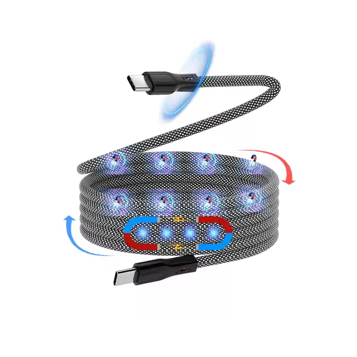 100w Bio Magnetic Coiled USB C Absorber Cable Coiled Magnetic Usb Cable Fast Charging Charger Winding Data Storage Cord For ip15