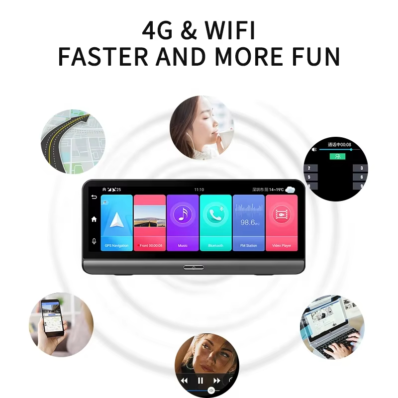 Yikoo full Hd 8 inch touch screen car camera wifi 4G car gps navigation dvr dual dash camera Android 8.1 dvr recorder