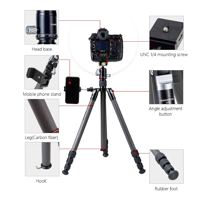 Good quality carbon fiber tripod Flexible Useful Digital Camera vlogging tripod for live T555R